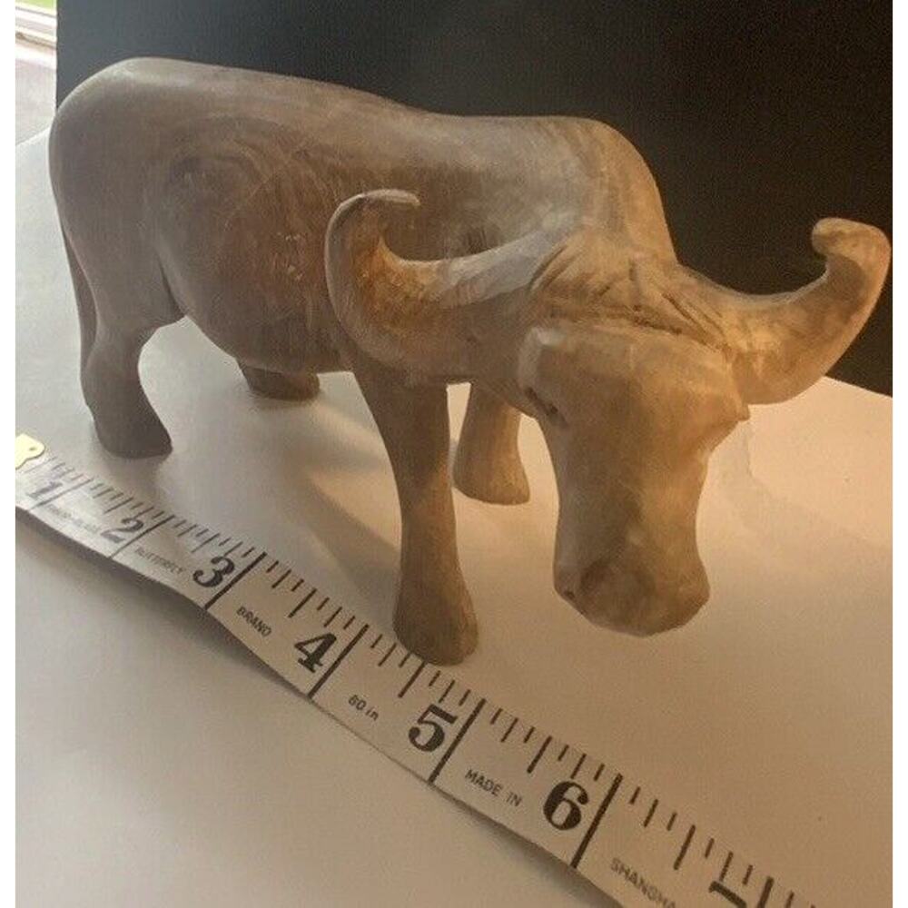 Vintage Hand Carved Tan Brown Wood Figure Farm Wild Animal Buffalo Bull